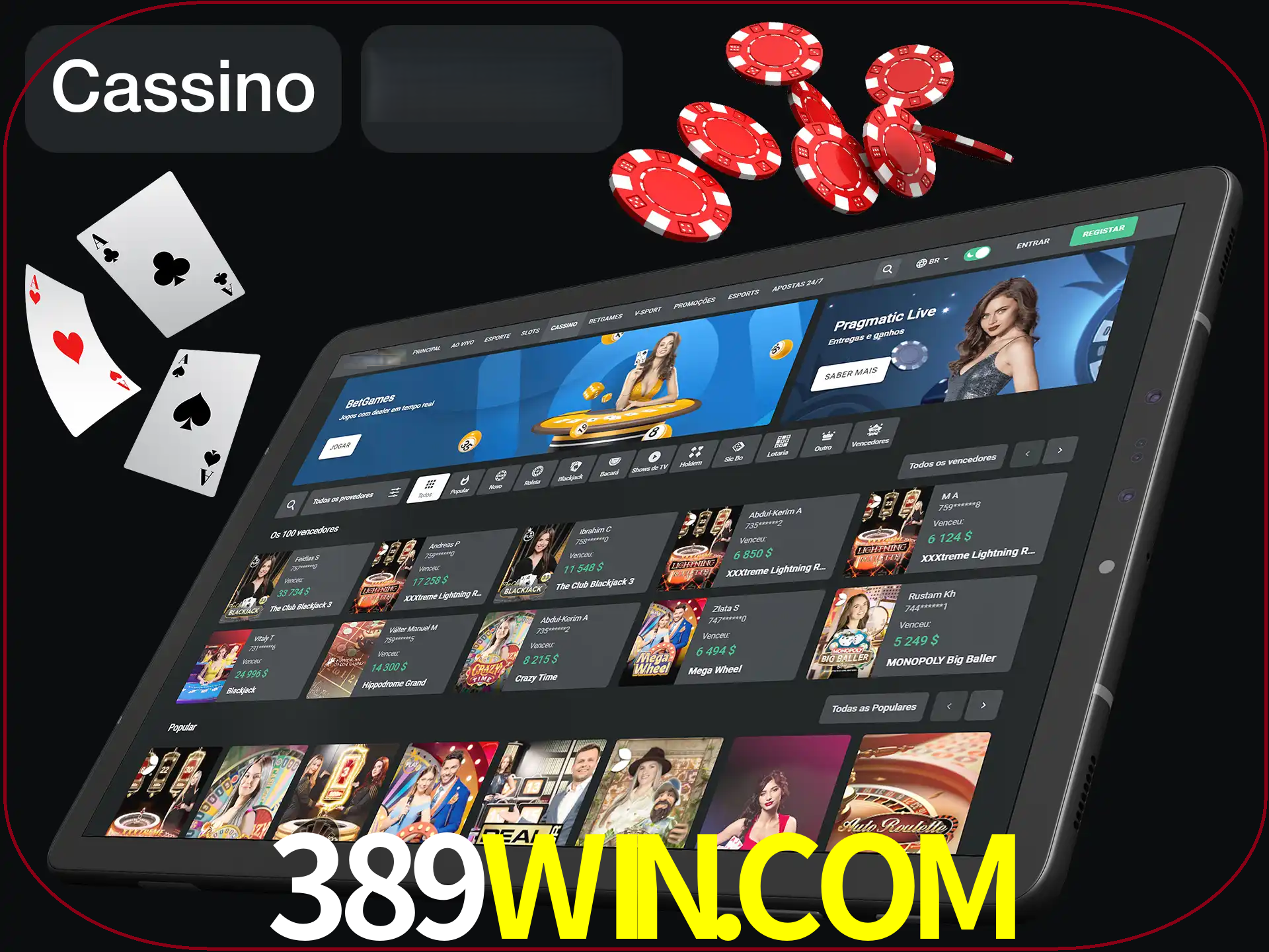 Tela de jogos do 389Win com layout do lobby e navegação de categorias